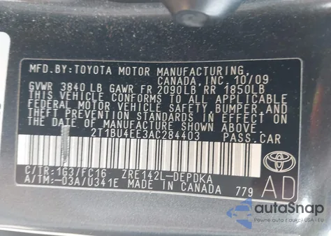 2010 Toyota Corolla Le z USA, uszkodzony, nr VIN 2T1BU4EE3AC284403